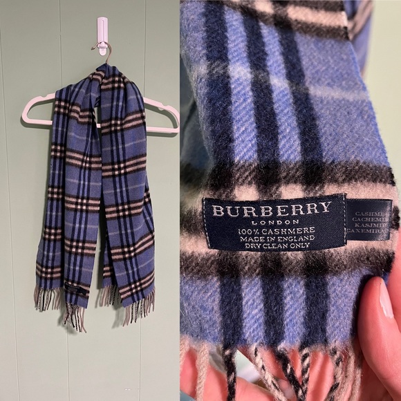 BURBERRY Cashmere Blue Tan Tartan Plaid Scarf Fringe Soft Designer Luxury - Picture 1 of 13